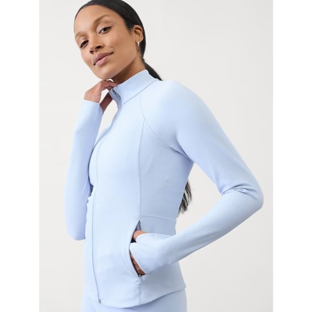 Athleta M Salutation Ribbed Jacket III Gossamer Blue Rib Medium Regular - Picture 3 of 6